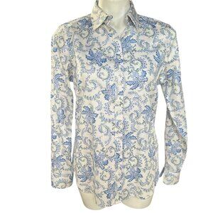 Chaps Black Label Womens M No Iron Blue White Floral Button Shirt Logo Buttons